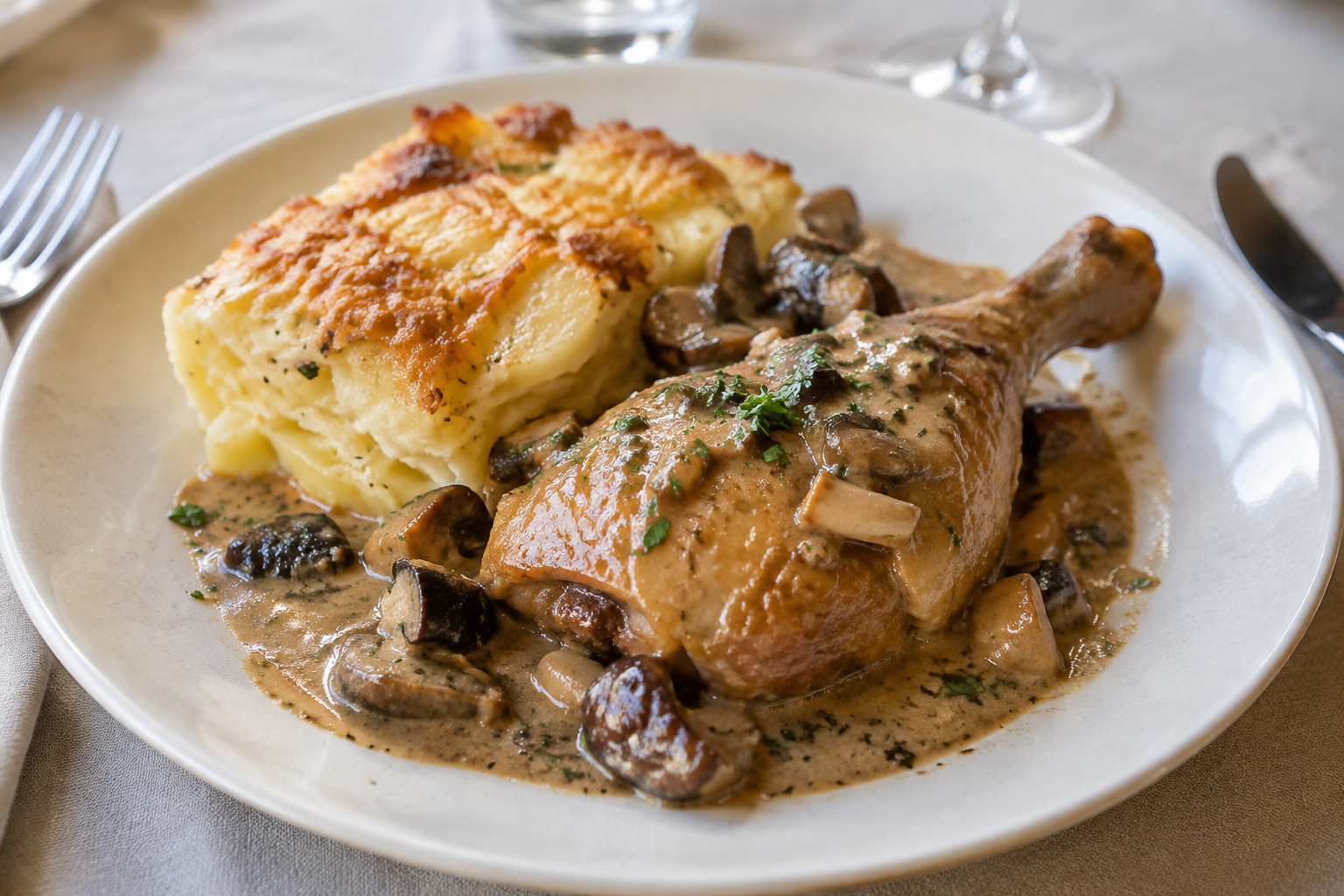 Ambiance du déjeuner : cuisse de volaille sauce aux cèpes et aux bolets et gratin dauphinois