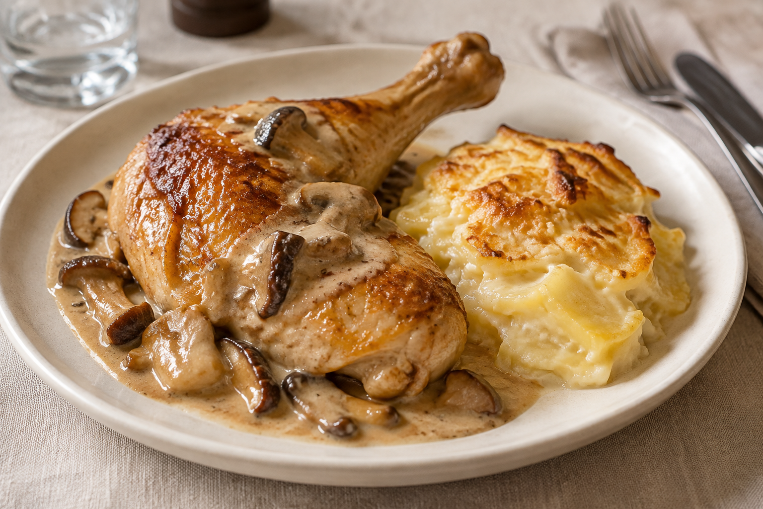 Cuisse de volaille fondante, sauce onctueuse aux cèpes et aux bolets, servie avec un gratin dauphinois aux notes gourmandes