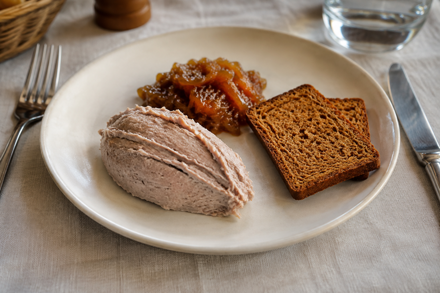 Mousse de canard au Porto, accompagnée d’un confit d’oignons délicatement parfumé et de son pain d’épices