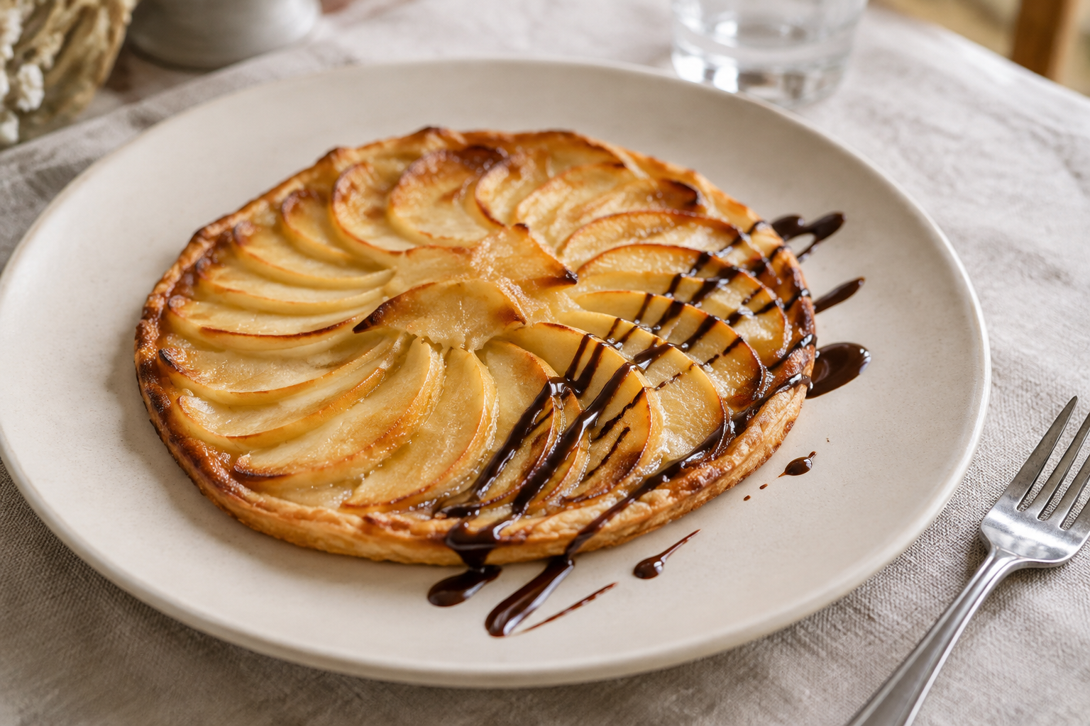 Tarte fine et fondante aux pommes, sublimée par un délicat coulis de chocolat